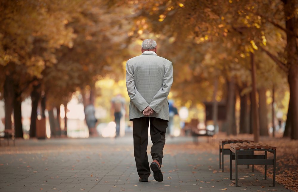 Old man walking in the autumn park