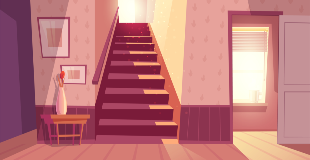 staircase and white open door in living room